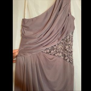 David’s Bridal one shoulder mesh dress with lace insert